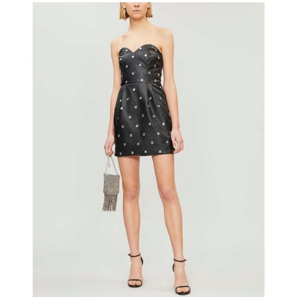 TOPSHOP Crystal Embellished Black Vegan Leather Bustier Bodycon Mini Dress 4 NWT